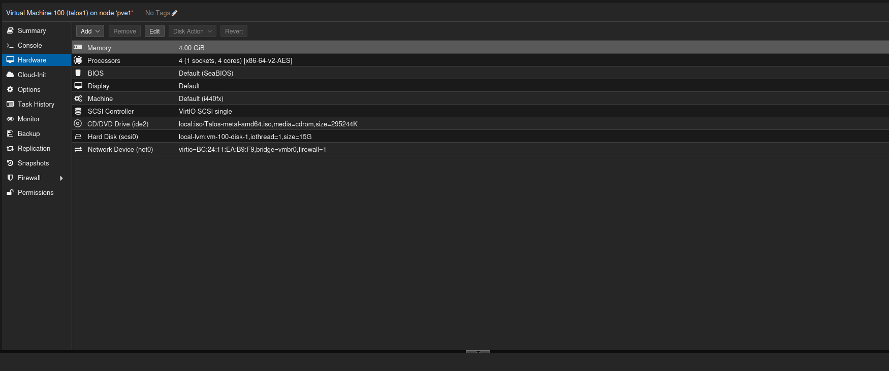 Proxmox VM hardware tab