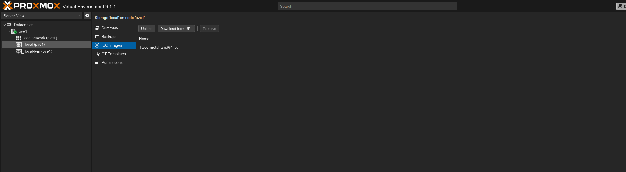 Proxmox iso tab showing Talos iso file